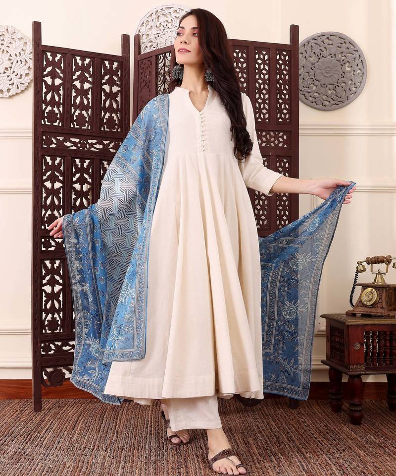 Women's Beautiful Solid Chanderi Silk Fabric Flared Anarkali Pant and Dupatta Set
