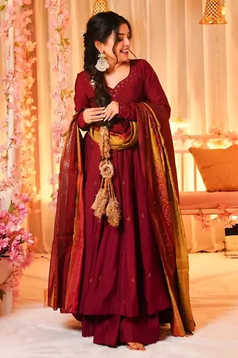 Women's Beautiful Printed Work Viscose Fabric Flared Anarkali Palazzo and Dupatta Set
