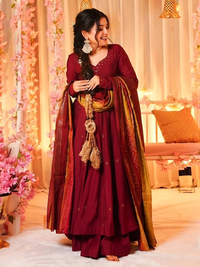 Women's Beautiful Printed Work Viscose Fabric Flared Anarkali Palazzo and Dupatta Set