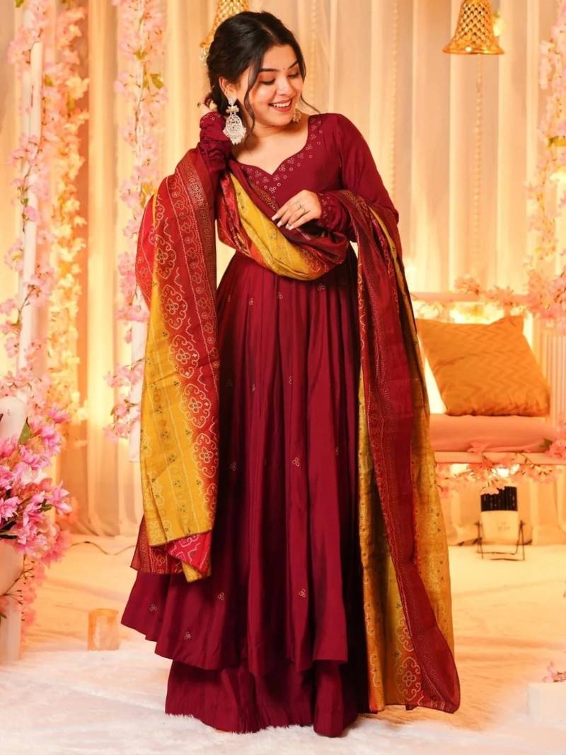 Women's Beautiful Printed Work Viscose Fabric Flared Anarkali Palazzo and Dupatta Set