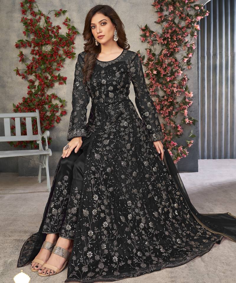 BLACK COLOR CORDING HEAVY SEQUINS NET SEMI STICHED PANT STYLE GOWN