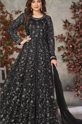 BLACK COLOR CORDING HEAVY SEQUINS NET SEMI STICHED PANT STYLE GOWN