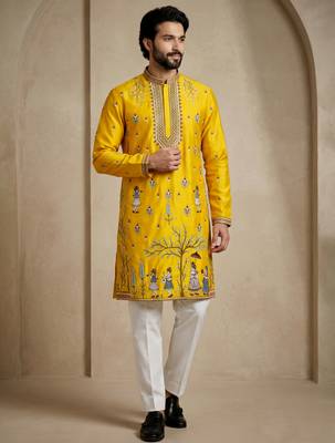Mens designer yellow kurta trouser set 1
