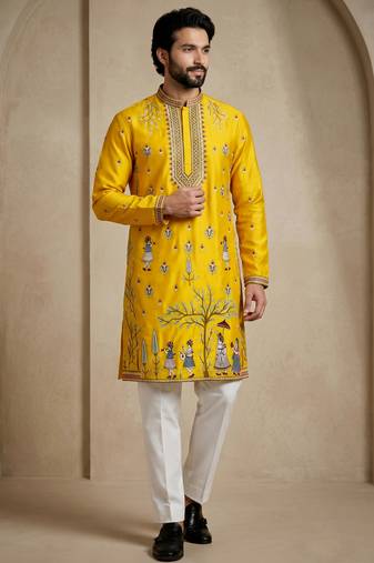 Mens designer yellow kurta trouser set