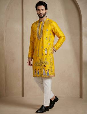 Mens designer yellow kurta trouser set 2
