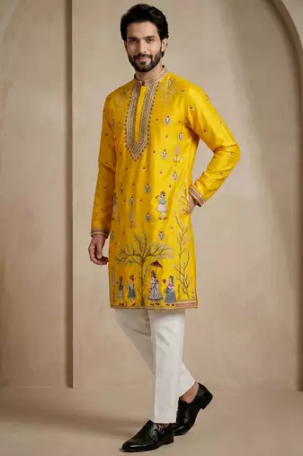 Mens designer yellow kurta trouser set
