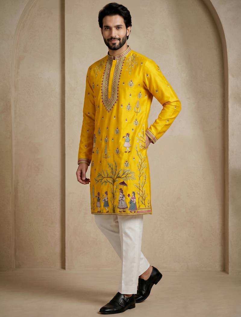 Mens designer yellow kurta trouser set