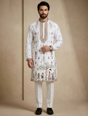 Mens designer white kurta trouser set 1