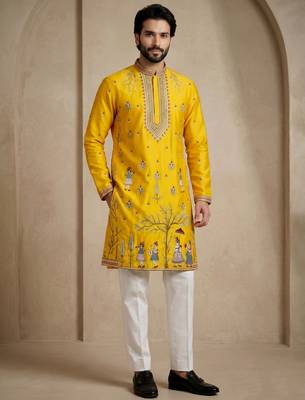 Mens designer yellow kurta trouser set 3