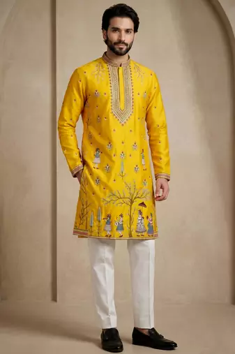 Mens designer yellow kurta trouser set