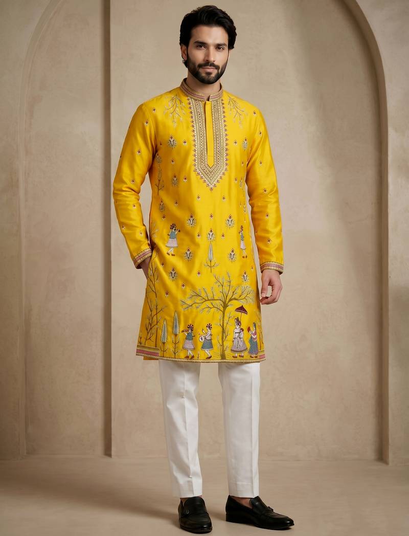 Mens designer yellow kurta trouser set