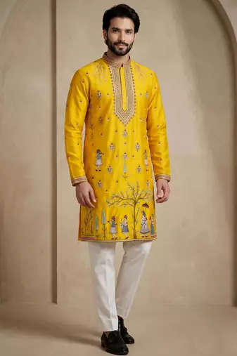 Mens designer yellow kurta trouser set