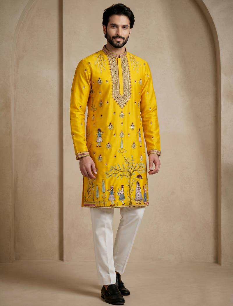 Mens designer yellow kurta trouser set