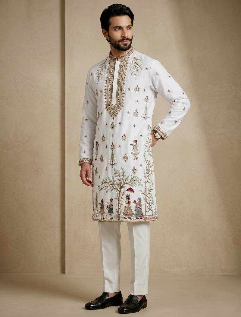 Mens designer white kurta trouser set
