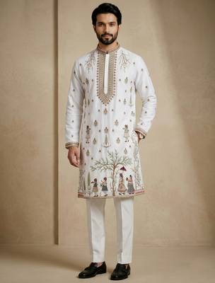 Mens designer white kurta trouser set 4