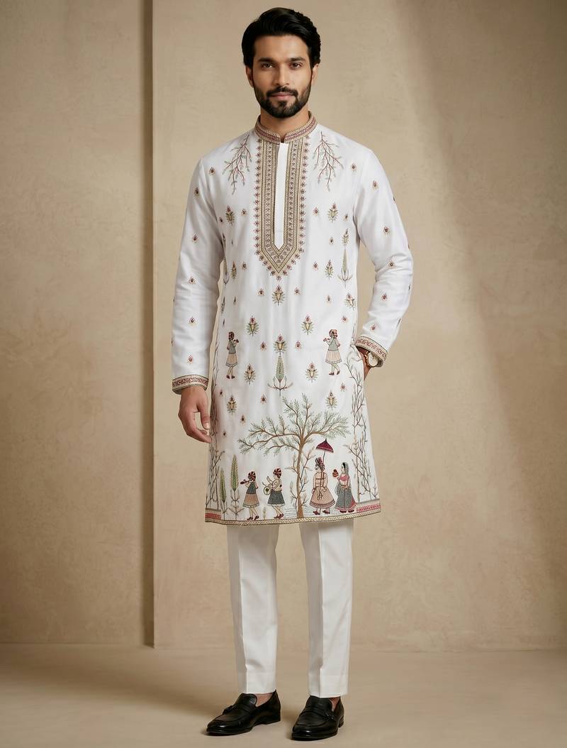 Mens designer white kurta trouser set