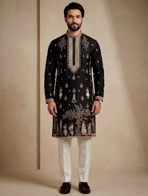 Mens designer black kurta trouser set 1