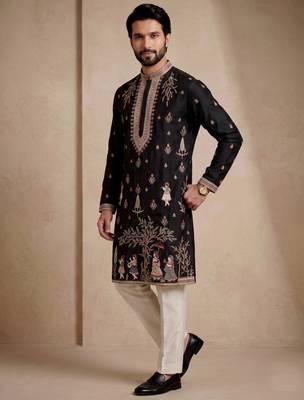 Mens designer black kurta trouser set 2