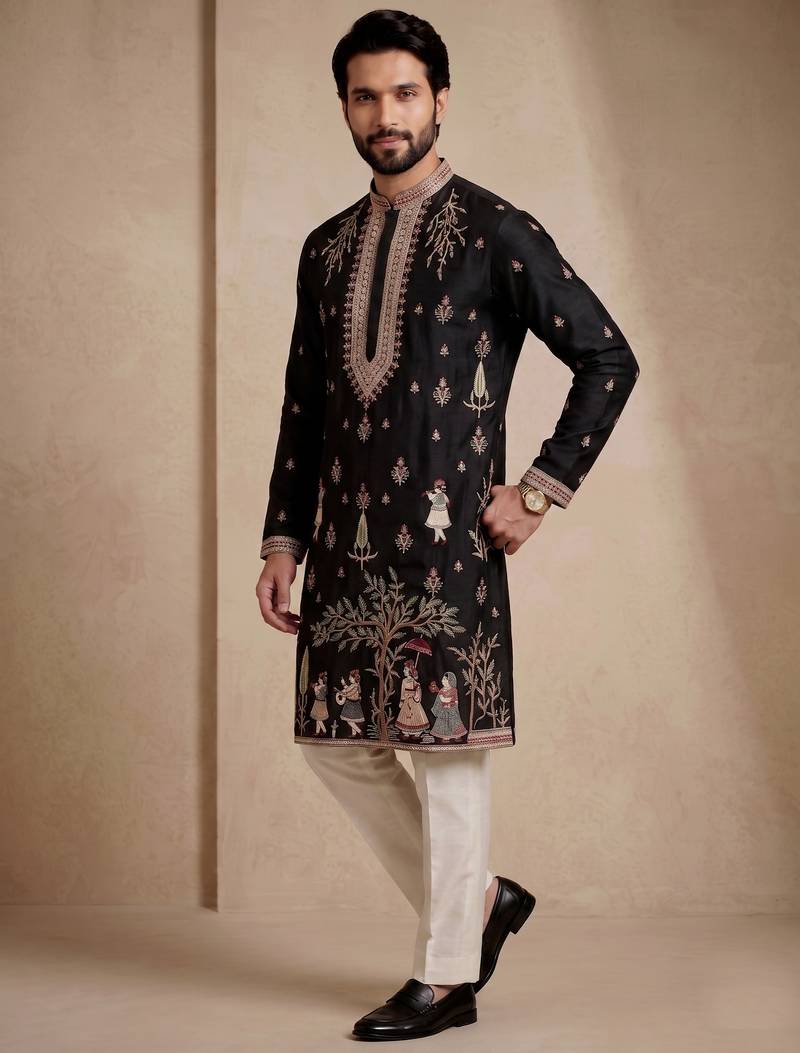 Mens designer black kurta trouser set