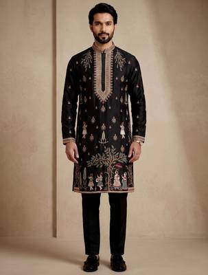 Mens designer black kurta trouser set 1
