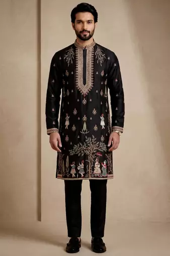 Mens designer black kurta trouser set