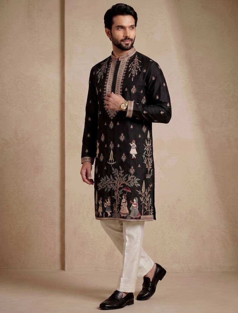 Mens designer black kurta trouser set