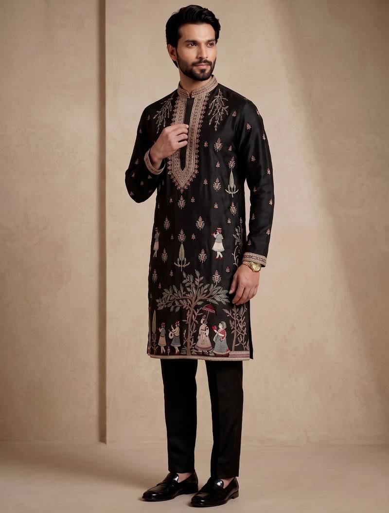 Mens designer black kurta trouser set