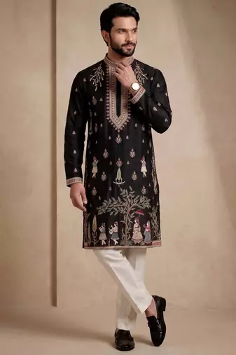 Mens designer black kurta trouser set