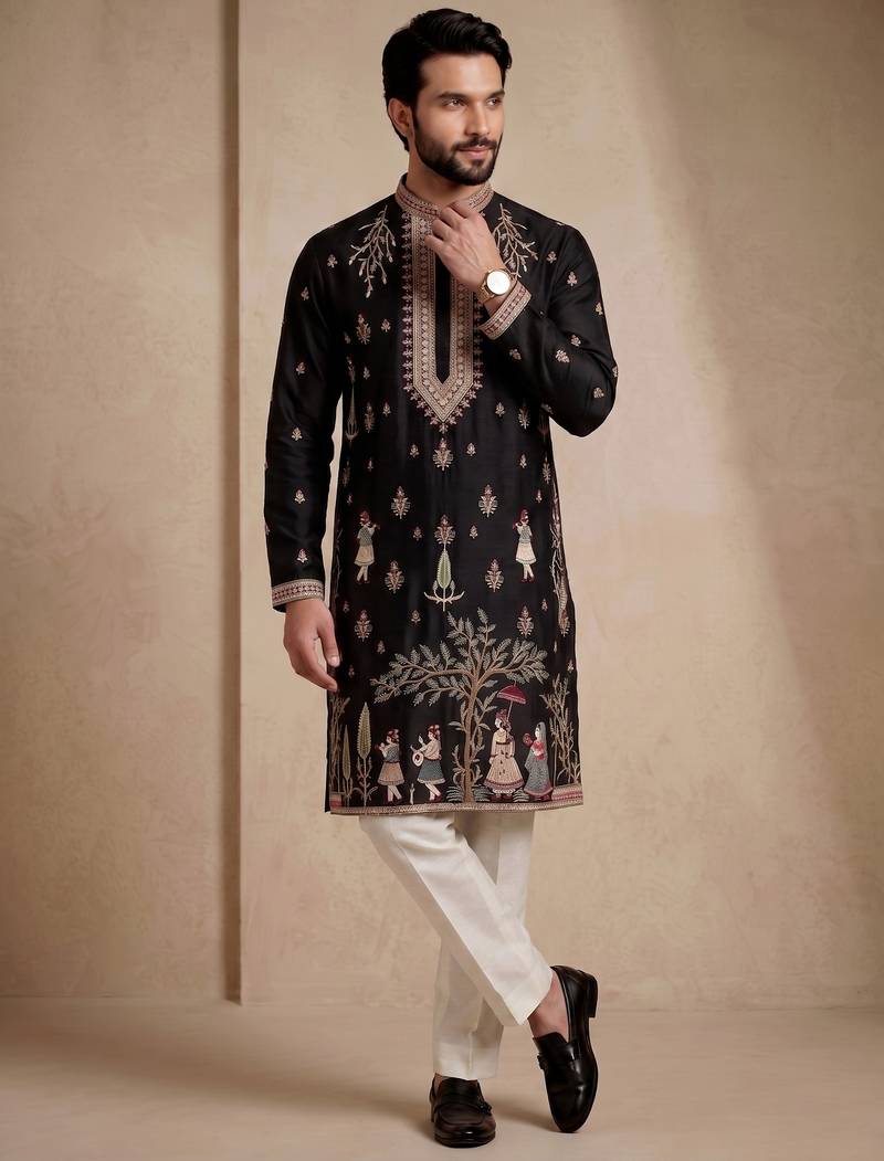 Mens designer black kurta trouser set
