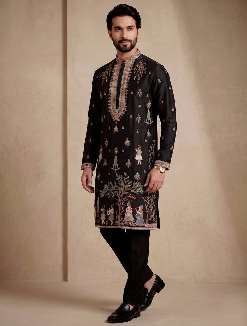 Mens designer black kurta trouser set