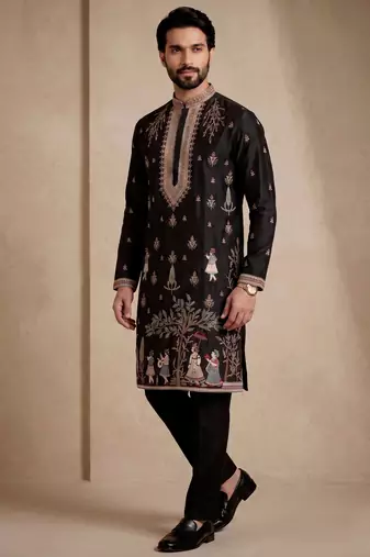 Mens designer black kurta trouser set