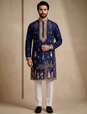 Mens designer navy blue kurta trouser set 1