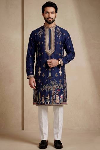 Mens designer navy blue kurta trouser set