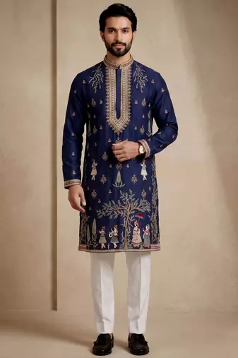 Mens designer navy blue kurta trouser set