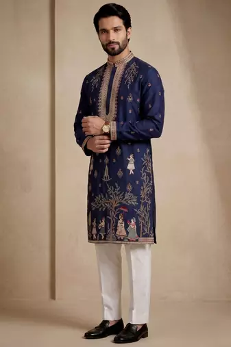 Mens designer navy blue kurta trouser set