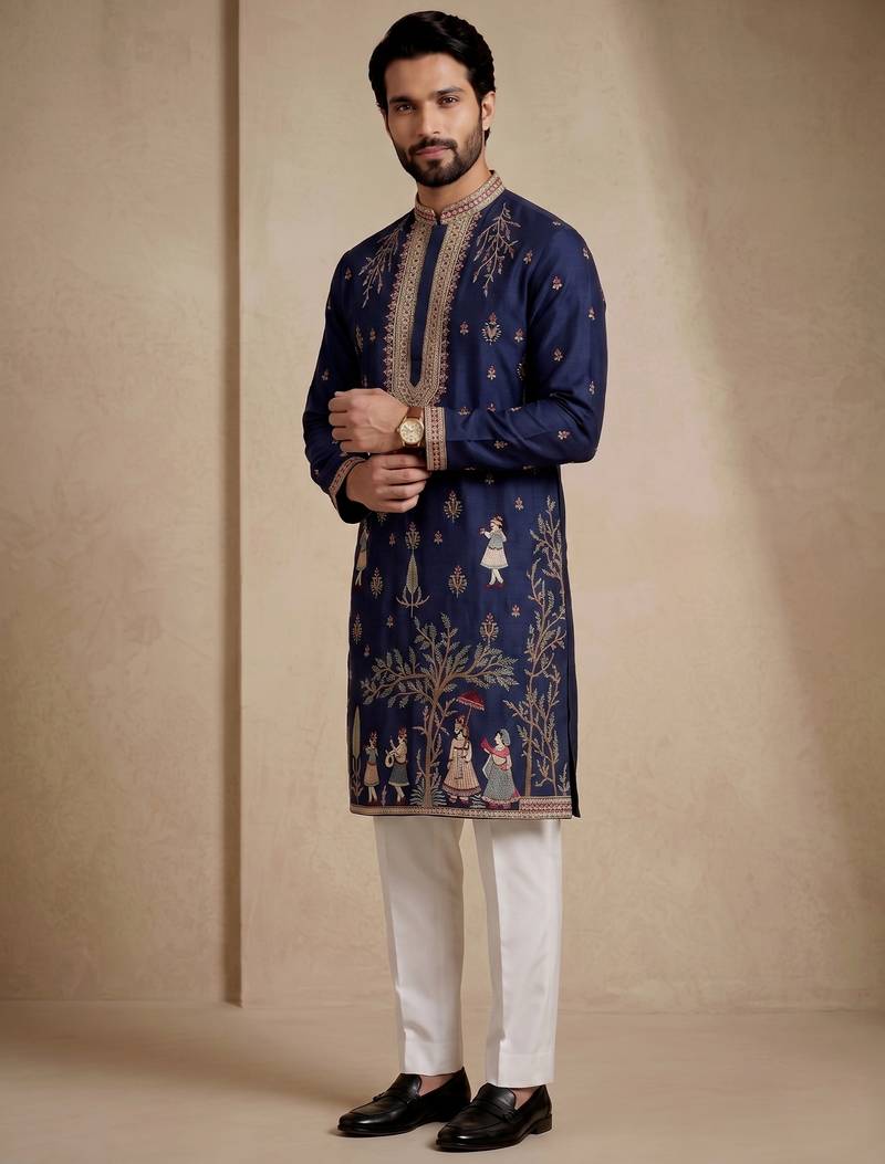 Mens designer navy blue kurta trouser set