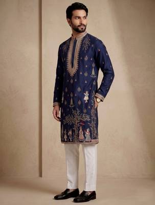 Mens designer navy blue kurta trouser set 3