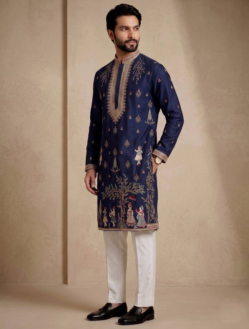 Mens designer navy blue kurta trouser set