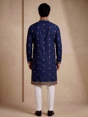 Mens designer navy blue kurta trouser set 5