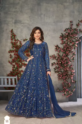 BLUE CORDING HEAVY SEQUINS NET SEMI STICHED GOWN