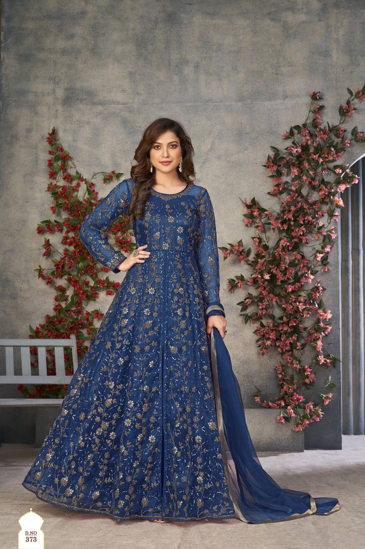 BLUE CORDING HEAVY SEQUINS NET SEMI STICHED GOWN