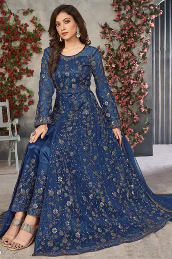 BLUE CORDING HEAVY SEQUINS NET SEMI STICHED GOWN