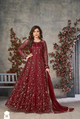 Red Cording Heavy Sequins Net Semi-Stitched Gown Suite 1
