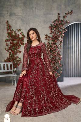Red Cording Heavy Sequins Net Semi-Stitched Gown Suite 2
