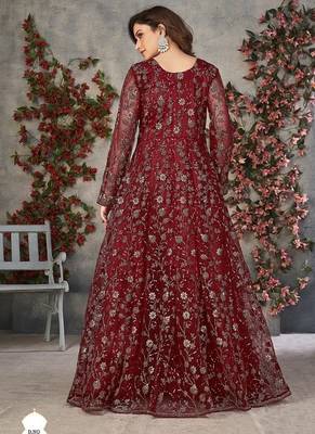 Red Cording Heavy Sequins Net Semi-Stitched Gown Suite 3