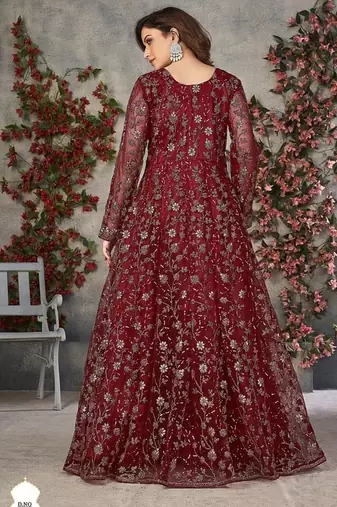 Red Cording Heavy Sequins Net Semi-Stitched Gown Suite
