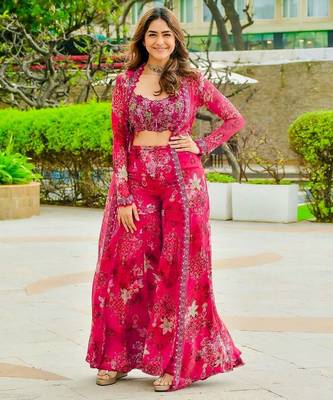 Rani pink colour tibby silk shrug sharara set with embroidered blouse 1