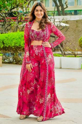 Rani pink colour tibby silk shrug sharara set with embroidered blouse