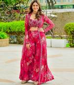 Rani pink colour tibby silk shrug sharara set with embroidered blouse