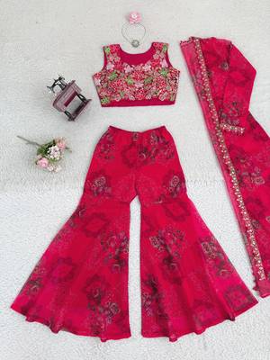 Rani pink colour tibby silk shrug sharara set with embroidered blouse 2